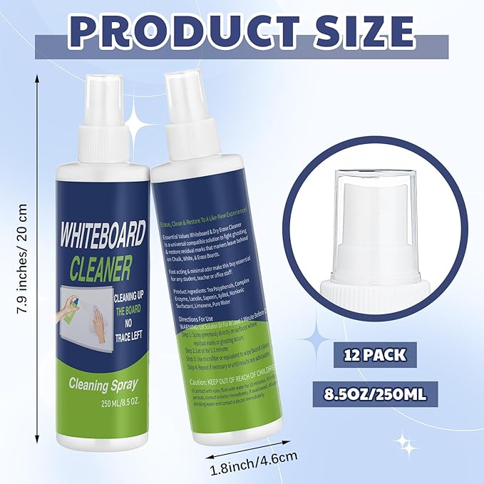 Swiffen 12 Pack Whiteboard Cleaner Spray Bottle 8.5oz Dry Erase Board Surface Cleaner White Board Cleaning Spray Removes Stubborn Marks from Chalkboard