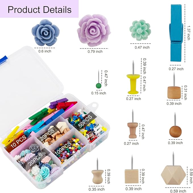 Push Pins，LYroo 200 Pcs Flower Thumb Tacks Wood Pin Board Map Tacks Marking Pins Assorted Colors Push Pin Clips for Cork Board Cute Desk Decor Accessories for Women Office Teacher Supplies