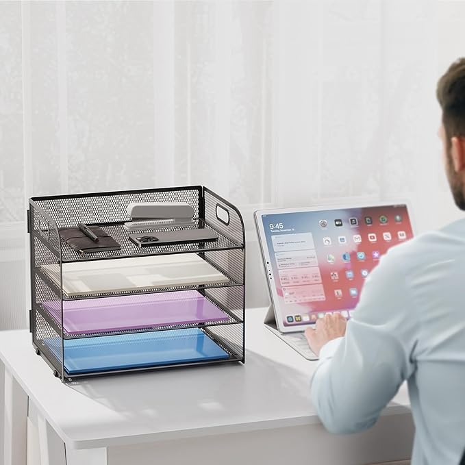 Marbrasse 2 Pack 4 Tier Paper Organizer Letter Tray - Mesh Desk File Organizer with Handle, Paper Sorter Organizer for Letter/A4 Office File Folder Holder (Black, 12.6" x 9.1" x 10.7")