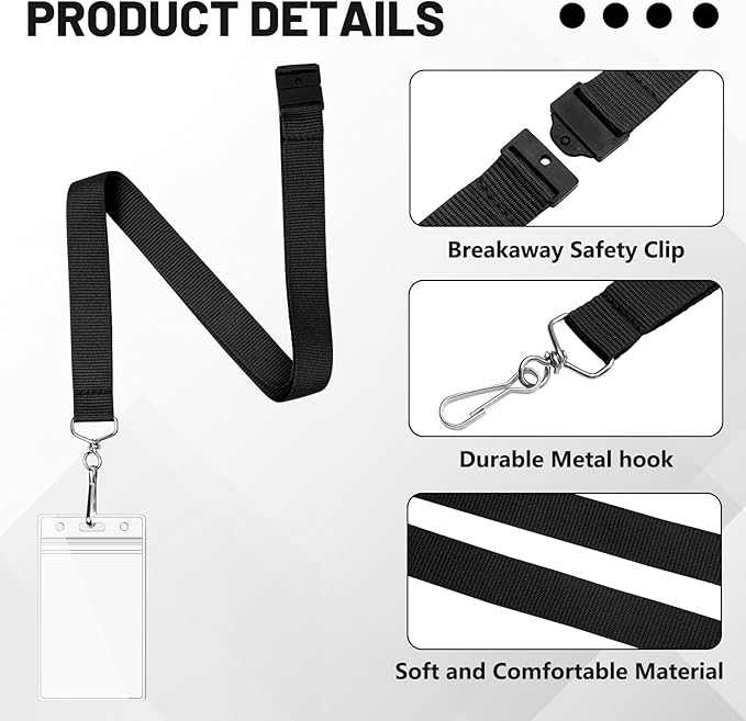 12-Pack Black Breakaway Lanyards with Waterproof Badge Holders, Polyester Neck Straps for ID Cards, Events, Office, and Schools