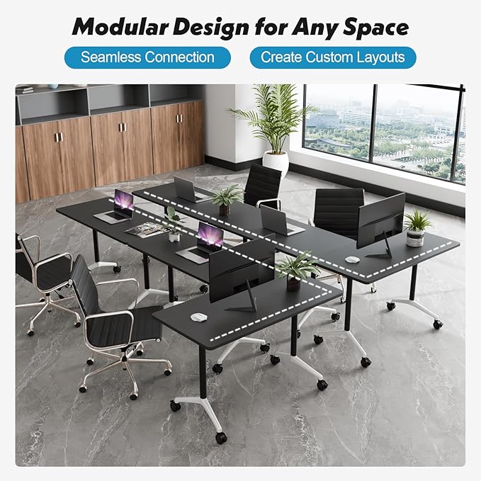 Goakwwuz Conference Room Table, Folding Conference Tables,Thicken Grey Tabletop,Flip Top Wooden Seminar Meeting Room Table for Conference Room Offices (6, Black, 61.0“)