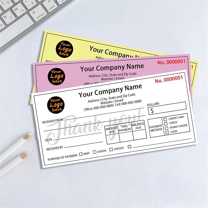 Custom Invoice Book in 3-Part /2-Part Receipt Book with Carbon Copies Personalized Carbonless Service Invoice Form Books Sales Order Book with Company Name Logo Address,H3-Receipt Book