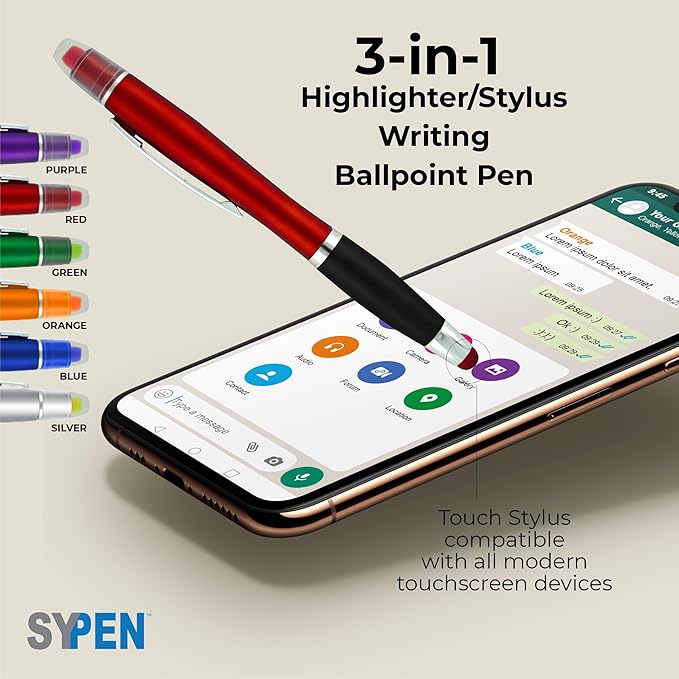 SyPen Personalized Pens with Gel Highlighter and Stylus -200 Pack Bulk-Free Imprint - 3 In Bible Highlighter No Bleed, Ballpoint Pen, and Stylus Combo- add Custom Name, Logo or Gift Message- Silver