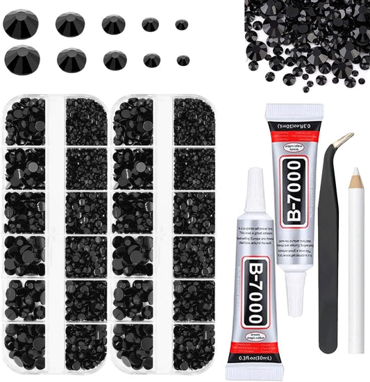 Black Rhinestones for Bedazzling with B7000 Glue, 2mm 3mm 4mm 5mm 6mm (SS8-SS30) Non-Hotfix Flatback Black Diamonds Kit, Nail Crystals Gems Beads for Bedazzling Crafts,DIY Art, Makeup Decoration