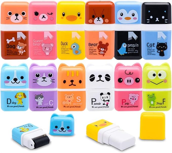 Sooez 12 Pack Pencil Erasers, Cute Erasers Pencil Eraser with Clean up Roller Pencil Eraser Shaving Roller Case Erasers for Party Favors Gift Supplies