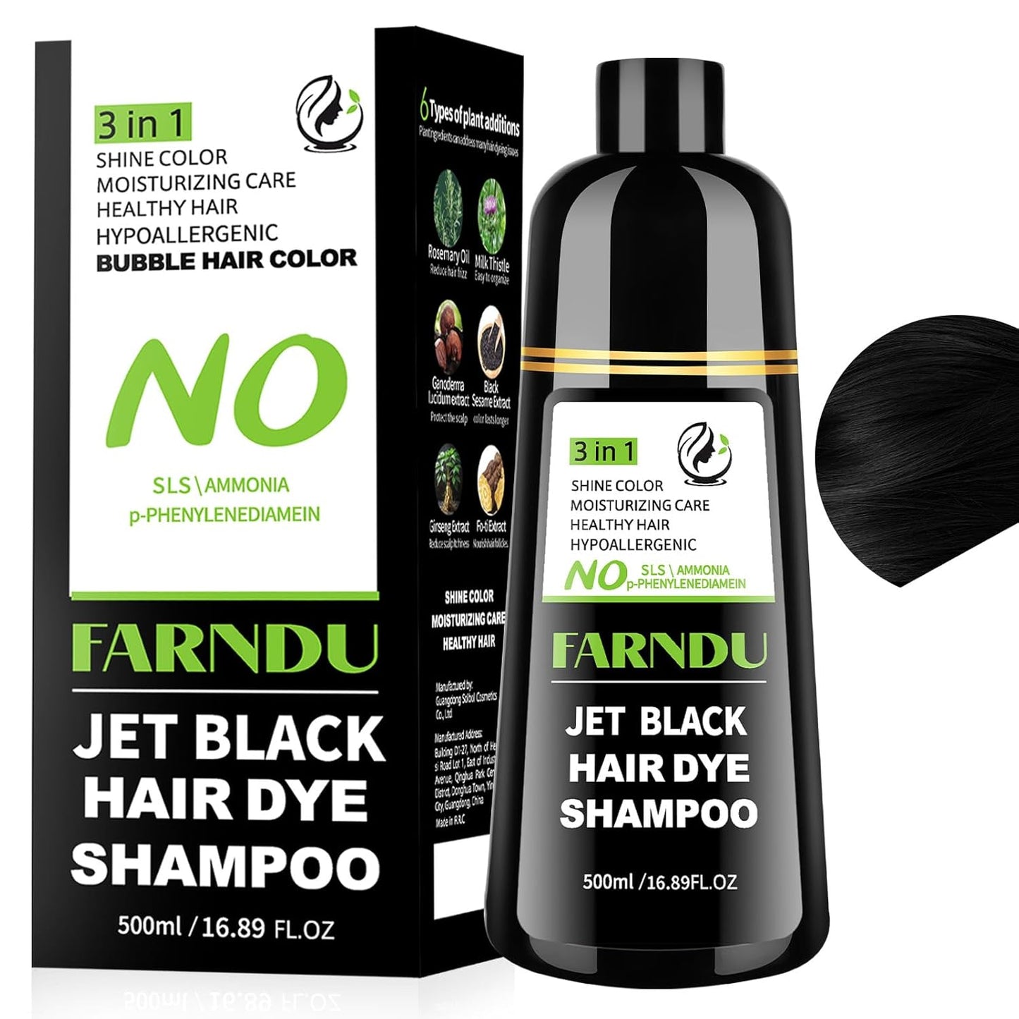 Jet Black Hair Dye Shampoo Ammonia-free & PPD-free, Natural Herbal Ingredients 3 in 1 Hair Color Shampoo for Women Men Gray Hair Coverage