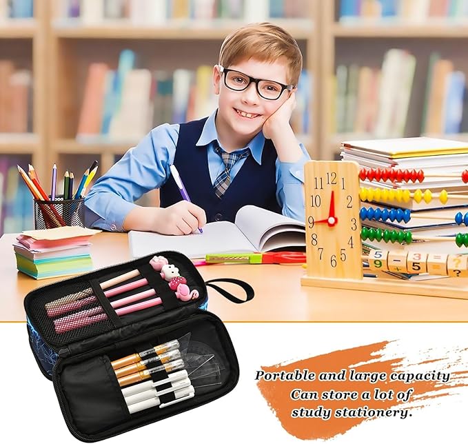 BOENLE Custom Dark Blue Electric Lightning Pencil Case Box Boys Girls Personalized Name Large Pencil Pouch Stationery Pen Bag Organizer for Kids Adults School Office