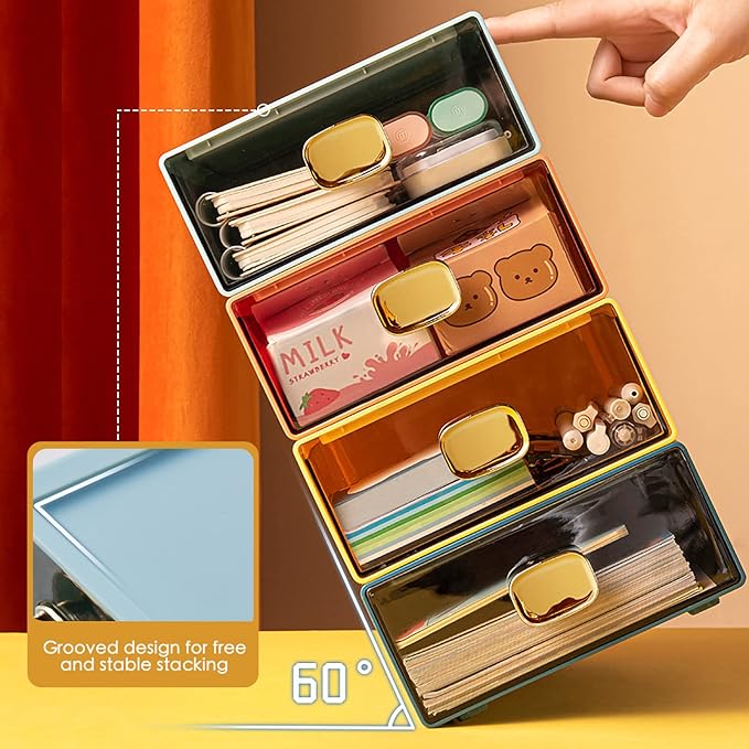 DETEIN 2PACK Stackable Drawer for Desk 6.5"x9"x3" Desktop Storage Organizer with Drawer Plastic Organizer Box Storage Container for Stationery, Makeup, Bathroom (Orange, M - 1 Drawer)