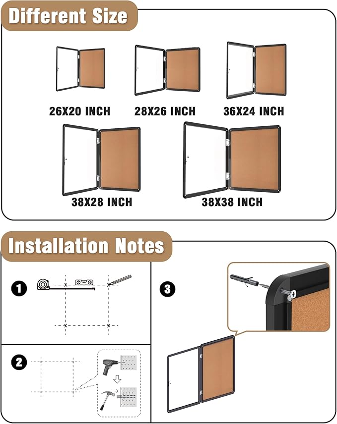 Mifuro 38"x28" Enclosed Bulletin Board, Lockable Weather-Resistant Aluminum Cork Noticeboard for School & Office, Black Frame w/Cork