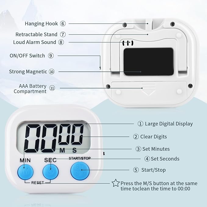 4 Pack Digital Kitchen Timer Magnetic Digital Timer with Big Display Loud Ring Cooking Timers for Cooking, Game, Gym, Break Time, Classroom(4, Pink, Blue, Purple, White)