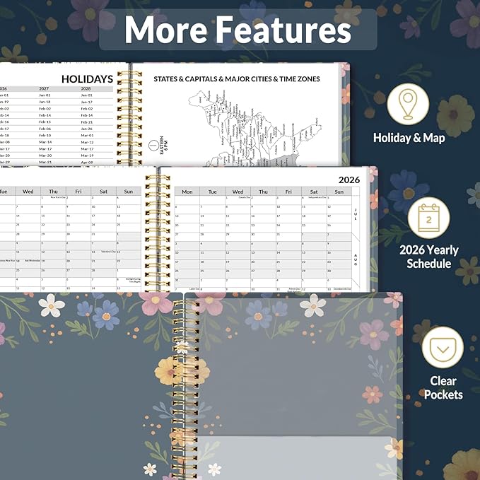 SUNEE 2026 Appointment Book, Quarter-Hourly, Weekly & Monthly - from January 2026 - December 2026, 8.5"x11" Weekly Planner, Flexible Cover, Note Pages, Pockets, Bookmark, Spiral Binding, Navy Flower