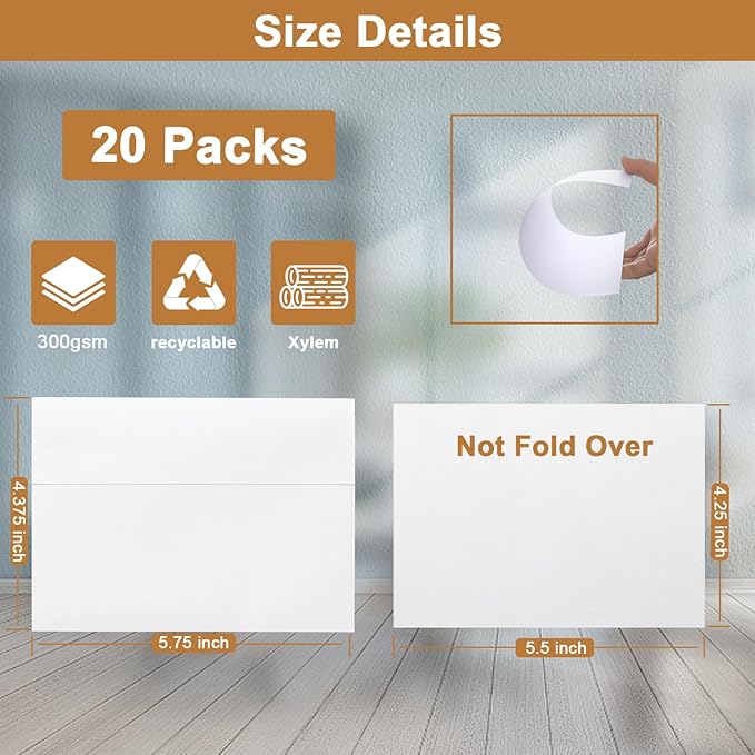 Silunkia Single Panel White Thank You Cards and Envelopes 4.25 x 5.5 Heavyweight Blank Flat Cardstock and A2 Envelopes Printable Self Seal 20 Packs for Wedding Invitations, Baby Shower, Greeting Cards