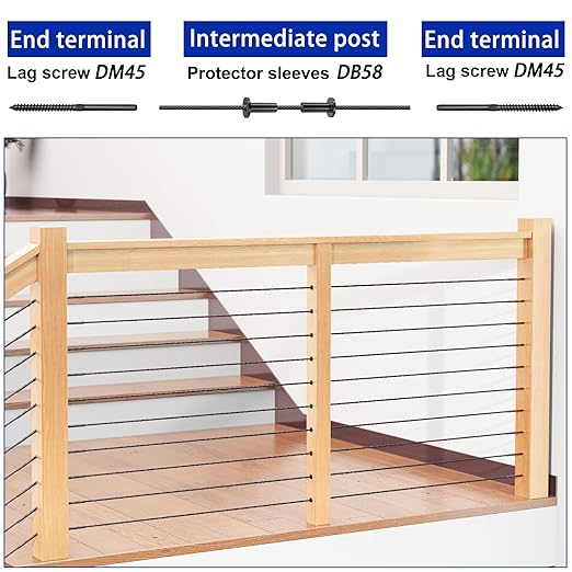 200 Pack Cable Railing Protector Sleeves for 1/8” Deck Railing System, Black Cable Railing Kit Hardware for Wood Post, T316 Stainless Steel Marine Grade DB58