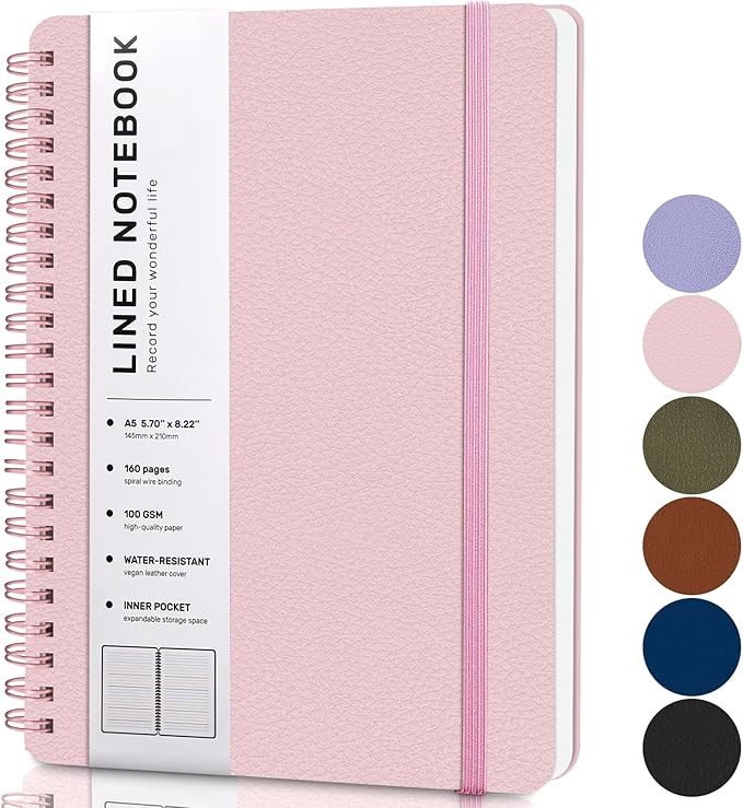 ABERLLS Pink Lined Spiral Journal Notebook with 160 Pages, 8×5.7in, A5 Spiral Notebook, Journaling Notebooks for Work, School, Women, Men, College Ruled Spiral Notebook, Hardcover Leather Journals