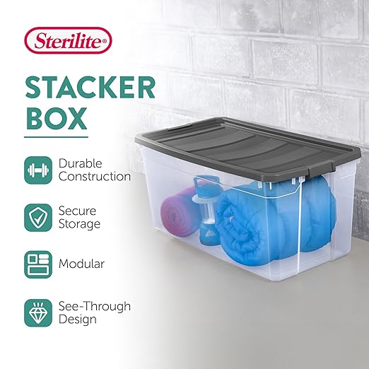 Sterilite 6-Pack Modular Stacker Box, Durable Clear Plastic Storage Bins with Latching Lids, 200 Quart - Stackable Organizing Container Boxes for Closet, Bathroom, and Office
