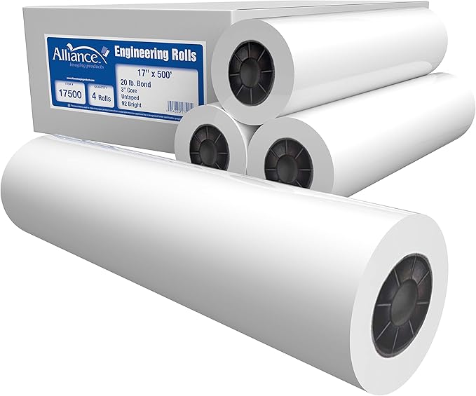 Alliance Wide Format Paper Rolls, 20lb with 3" Core (17 In x 500 Ft | 3" Core, 20lb | 4 Rolls)