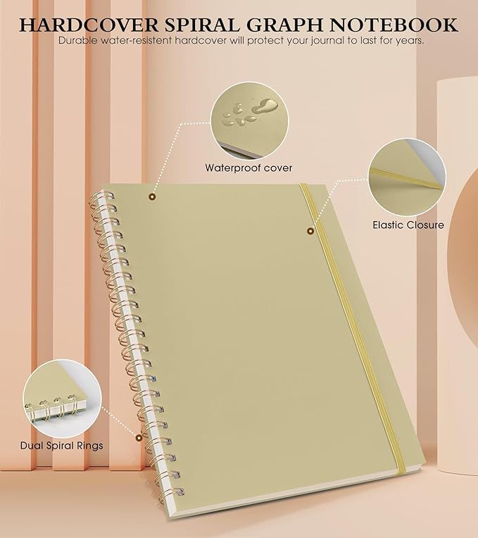 Graph Paper Notebook, Spiral Notebook Journal 8.5” x 11”, A4 Large Grid Notebooks for Women Men, 100 GSM Graph Paper, Plastic Hardcover Spiral Graphing Journals for Work School Engineerin, Yellow
