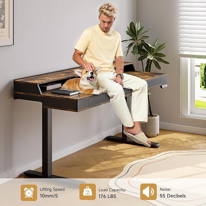Standing Desk with Drawers, 47x23.6" Whole Piece Electric Stand Up Desk with Storage Shelf and Memory Controller, Sit Stand Desk Adjustable Height from 28-46" for Computer Workstation, Rustic Brown