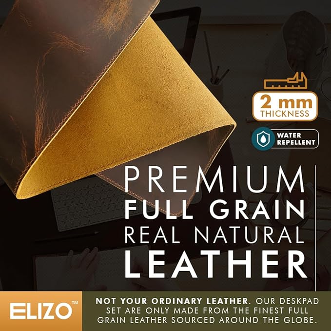 Elizo Real Leather Desk Mat Set (32x16) Large Desk Cover Desk Blotter Protector Computer Gaming Mouse Pad Table Laptop Office Desktop Accessories