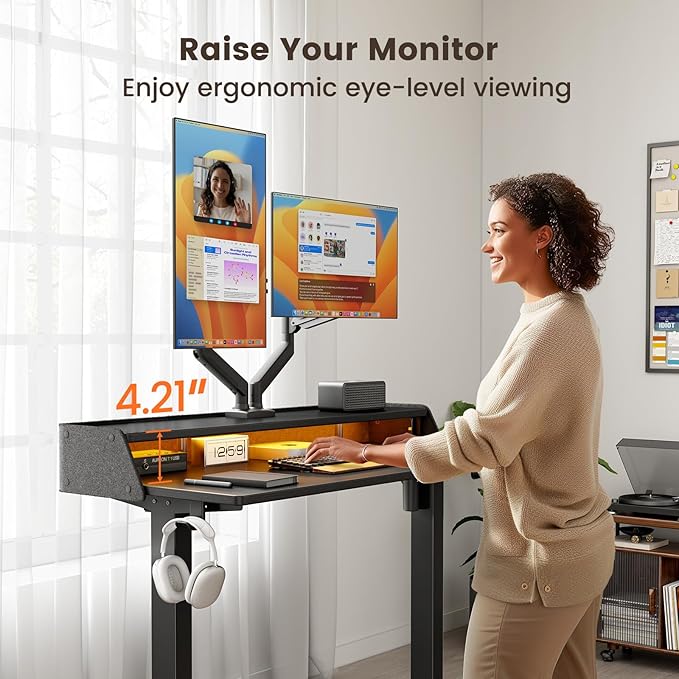 ErGear Standing Desk with LED Strip, 55″ x 28″ Electric Height Adjustable RGB Gaming Table with Shelf, Sit Stand Desk with Dual Cable Holes, C-Clamp Mount Compatible, 4 Preset Heights, Black