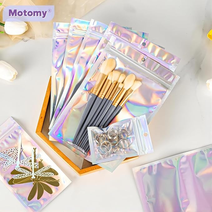 100Pcs Holographic Packaging Bags, 3.5x4.7 inch Resealable Foil Pouch Mylar Sample Bag Great for Small Business and Party