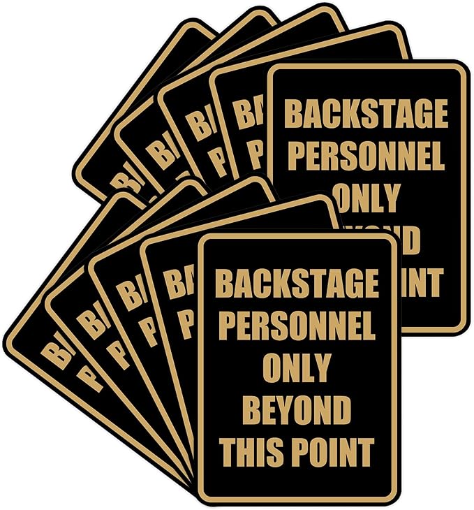 Portrait Round Backstage Personnel Only Beyond This Point Door or Wall Sign Easy Installation | Music | Concert | Festivals Sign (Black Gold) - Medium (10 Pack)