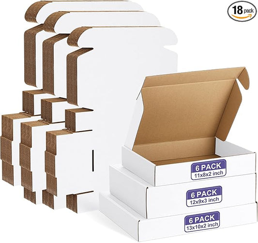 Eupako 18 Pack Small Shipping Boxes Assorted Sizes, 11x8x2, 12x9x3, 13x10x2-6 PCS Each Small Boxes, White Corrugated Box Mailers, Cardboard Boxes for Packaging Small Business, Mailing