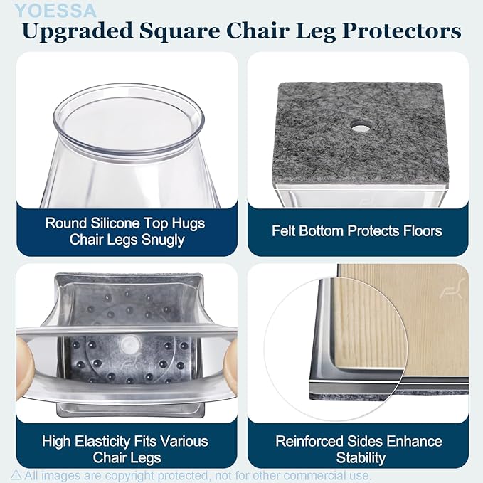 32 Pcs Square Chair Leg Floor Protectors for Hardwood Floors, Silicone Felt Furniture Leg Pads caps Covers, Floor Protectors for Chairs, Anti-Scratch & Noise-Reducing (XL Fits: 1-1/2" to 1-7/8")