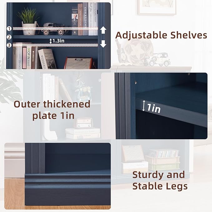 RWYHG 43" Blue Tall Bookshelf Set of 3,3-Tier Thick Wooden Book Shelf with Adjustable Shelves,Free Standing Farmhouse Bookcase with Open Display Storage,Floor Vintage Bookshelves for Living Room ﻿