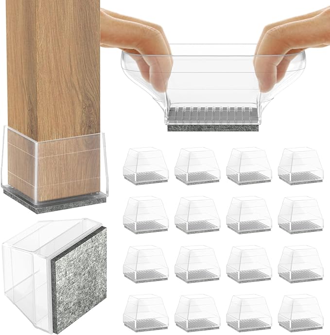 Square Chair Leg Protectors for Hardwood Floors,16 Pcs Silicone Felt Furniture Legs Caps to Prevent Floor from Scratches and Reduce Noise, Easy to Move,1.26-1.57",Clear.