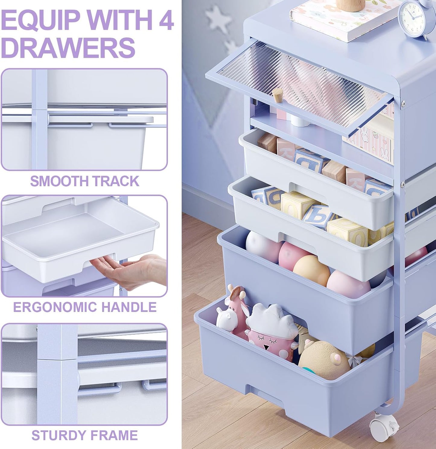 Utility-Rolling-Storage-Drawer-Craft-Cart-Organizers with 4 Drawers & Dust-Proof Door for Kid Craft Art Room,Bedroom,Home Office, Lavender Purple
