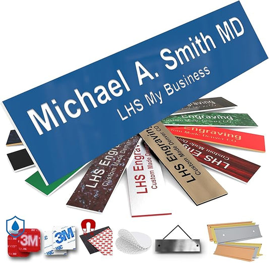 Engraved Name Plates for Door Sign Personalized Blue Plastic Plaque with White Letters - Made in USA 2x12 B9