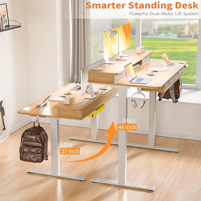 ExaDesk Electric Standing Desk, 63 * 30 Inches Adjustable Height with 4 Drawers, Double Storage Shelves, Home Office Workstation Sit Stand up Desk (Nature)