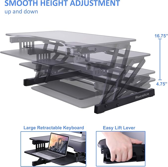 Rocelco 32" Height Adjustable Standing Desk Converter - Slide Out Retractable Keyboard Tray - Sit Stand Up Double Monitor Riser - Dual Piston Lift Assist Tabletop Computer Workstation - Black (R ADRB)