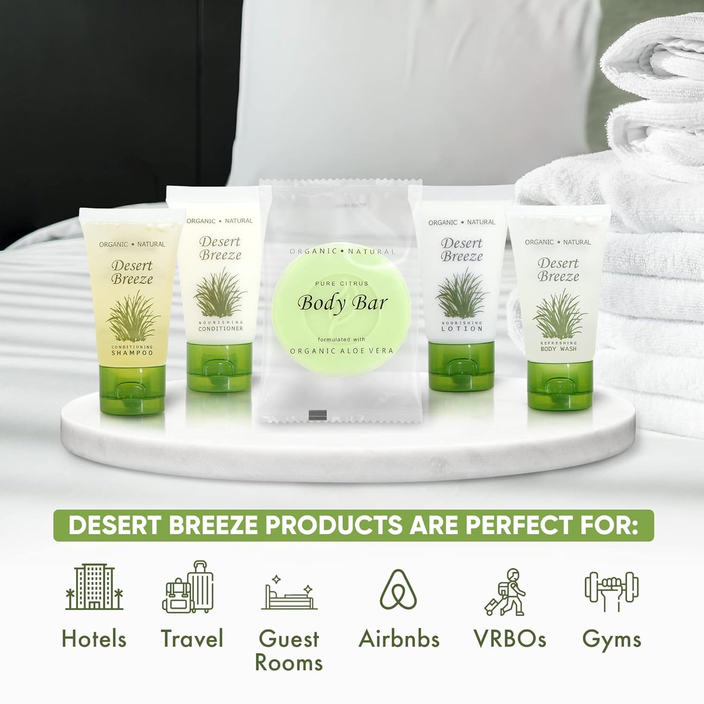 Desert Breeze Hotel Soaps and Toiletries Bulk Set | 1oz Hotel Shampoo & Conditioner, Body Wash, Body Lotion & Bar Soap | Full Pallet 49 cases with 300 units each - 14,700 pieces