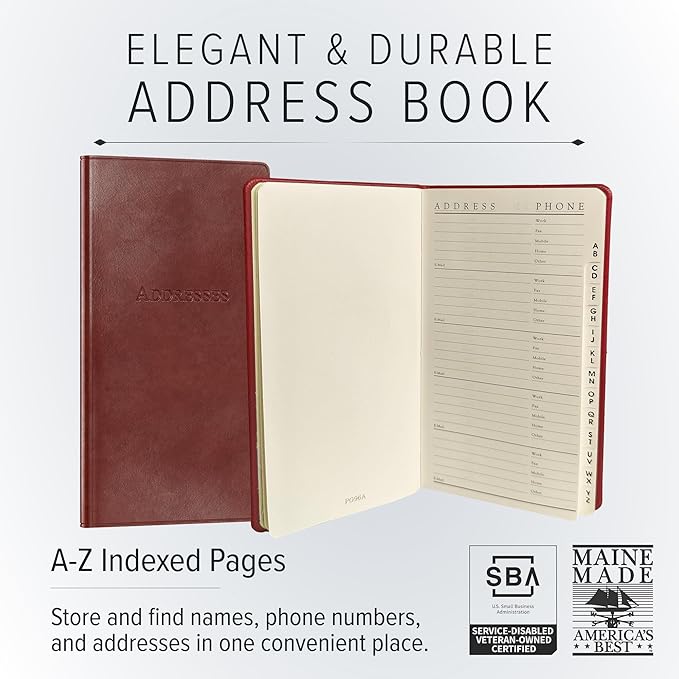 Gallery Leather Small Address Book with Alphabetical Tabs up to 403 Records, Leather Notebook Hardcover, Telephone and Address Books - 6x3.25", Pocket Address, Acadia Navy