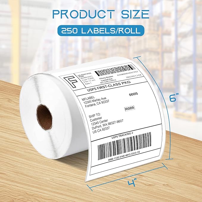 MFLABEL 4x6 Thermal Shipping Labels - 100 Rolls of 250, Perforated & Smudge-Proof Direct Thermal Labels Compatible with Rollo, Zebra, for Amazon UPS FedEx Shopify