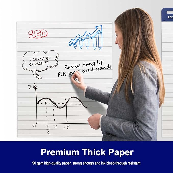 Comix Lined Sticky Easel Pad, 25 x 30 Inches Flip Chart Paper for Teachers, Large Self Stick Easel Paper, 30 Sheets/Pad, 4 Pads/Pack