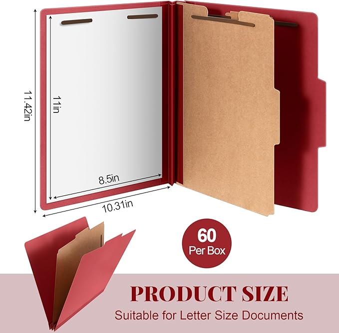 Skyygemm 60 Pcs Classification Folders Letter Size, 1 Divider Pressboard File Folder with Fasteners, Expanding File Organizer Bulk for School Teachers, Office Employee, Coworker, Staff (Red)