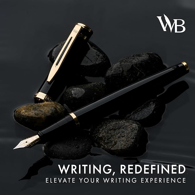 Wordsworth & Black Fountain Pen Set, 18K Gilded Extra Fine Nib, Includes 24 Pack Ink Cartridges, Ink Refill Converter & Gift Pouch, Gold Finish, Calligraphy, [Black Gold], Perfect for Men & Women