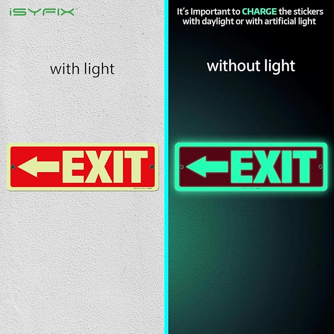 iSYFIX Exit Signs with Directional Left Arrow, Glow in the Dark, Photoluminescent Aluminum 12x4 Inch - 2 Pack, Laminated for UV & Weather Resistance, Ideal for Offices, Schools, Theaters & More