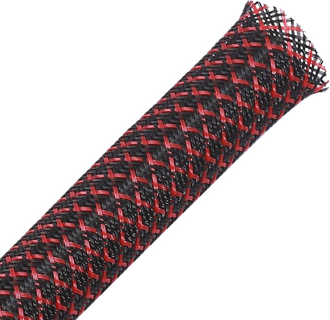 100ft - 1/2 inch PET Expandable Braided Sleeving – BlackRed – Alex Tech Braided Cable Sleeve