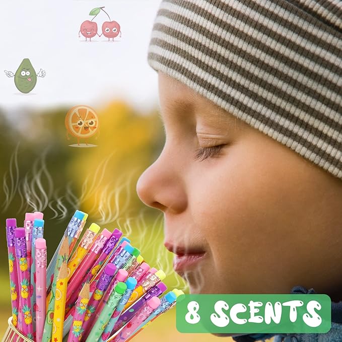 Leinuosen 100 Pcs Scented Pencils Bulk for Kids Inspirational Cute Fun Wood Smelly Pencils with Erasers Fruit Elements for School Classroom Office Students