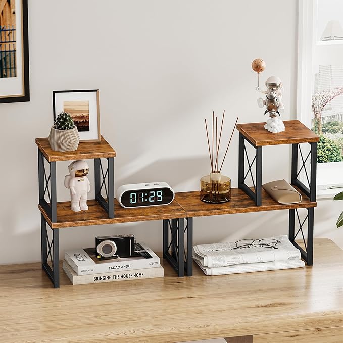 Honiter 2 Sets Desk Shelf, Desktop Organizer Shelf, 2 Tier Independent Stackable Desktop Shelves, Desktop Office Storage Rack Display Shelf