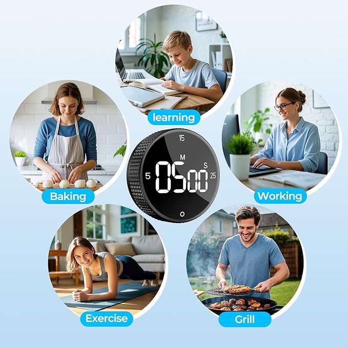 Allbean Digital Kitchen Timer, Large Display Magnetic Countdown Countup Timer, 3 Preset Times (5, 15, 25),Volume & Brightness Adjustable for Cooking Classroom Studying, Easy for Kids(Gunmetal 1PCS)