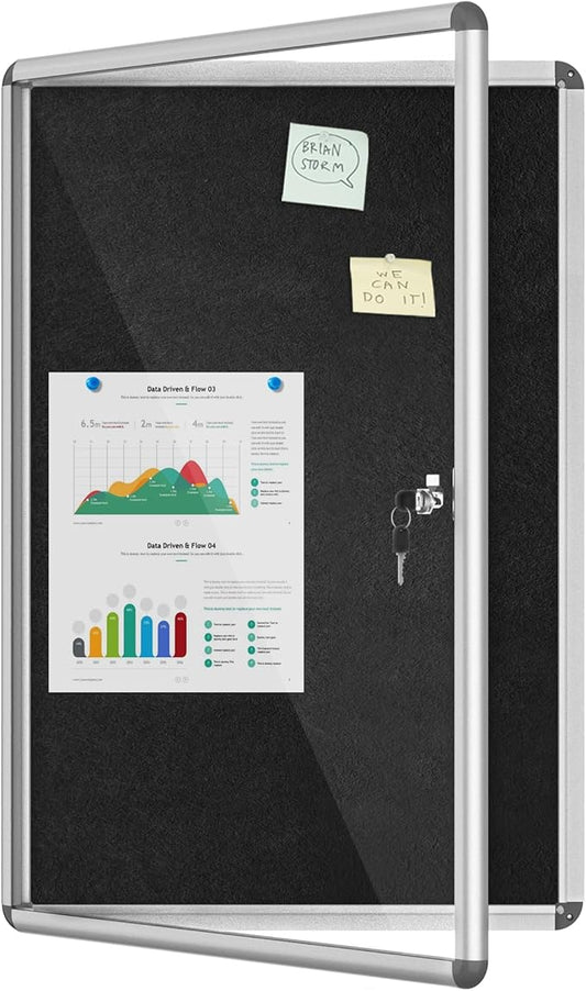 Mifuro 36"x24" Enclosed Bulletin Board, Lockable Weather-Resistant Aluminum Cork Noticeboard for School & Office, Silver Frame w/Black Flet