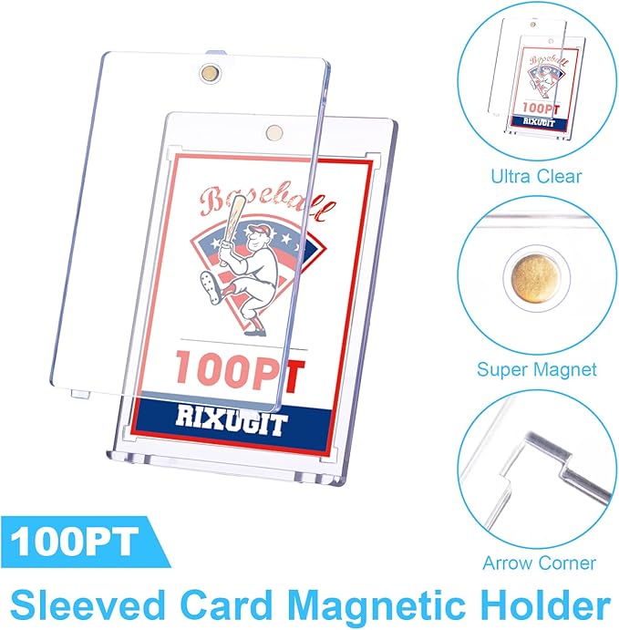 25-Pack Sleeved Card Magnetic Holders - 100pt Magnetic Card Case, Fits Sleeved Card First, One Touch Card Holder, Inner Size 2.63″×3.70″, Clear Hard Case for Trading Cards, Sports Card, Games Cards