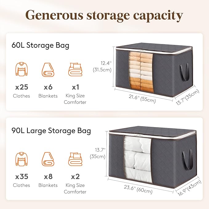 Lifewit 3 Packs Clothes Storage Bag, Storage Bins for Clothes, Blankets, Comforters, Foldable Clothing Storage with Reinforced Handle, Sturdy Zipper, Closet Organizer with Clear Window, Gray
