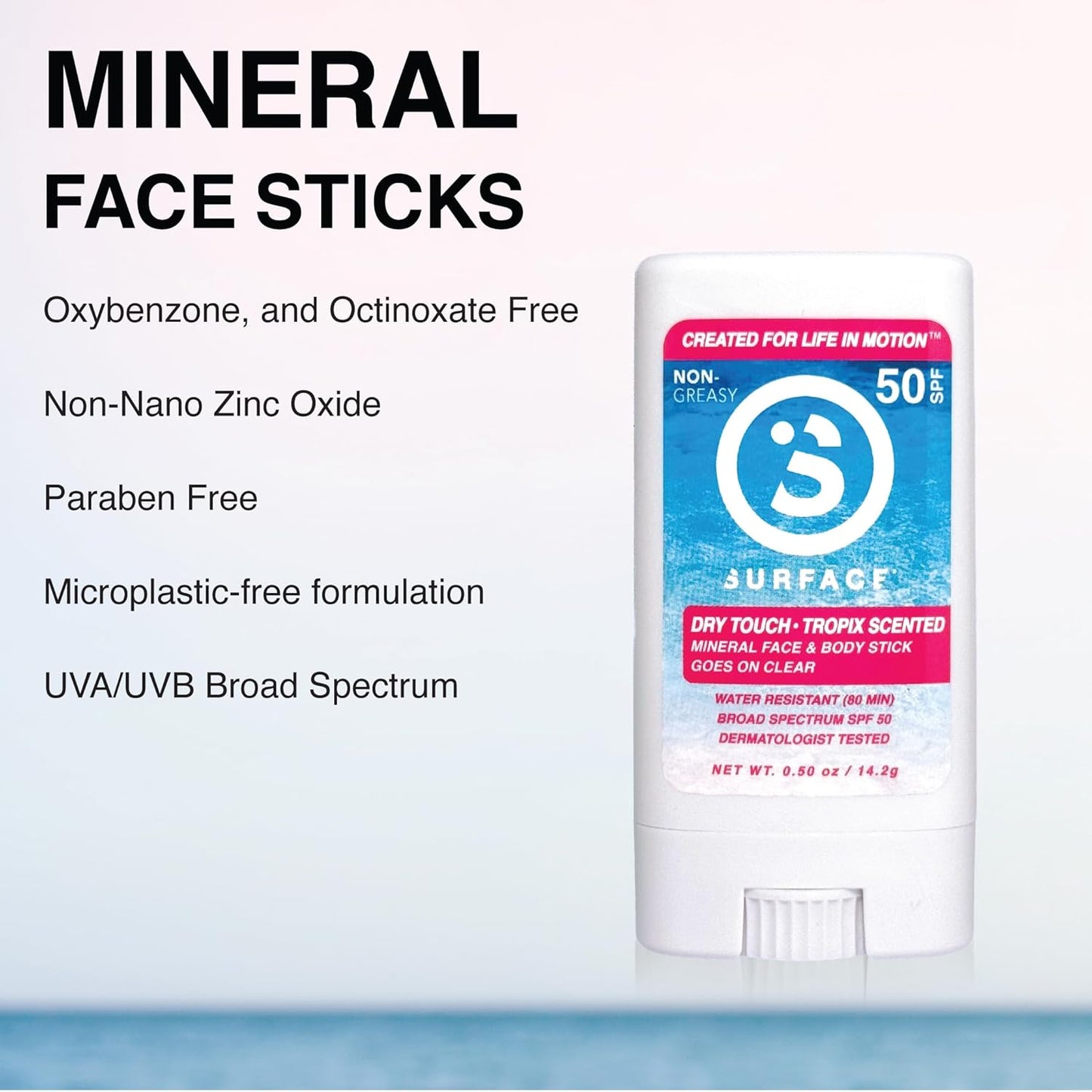 Surface Mineral Face Sunscreen Stick, Dry Touch SPF 50, Broad Spectrum UVA UVB Sun Protection for Kids and Adults, Travel Friendly, Water Resistant for 80 Minutes, Tropical Scent, 0.5oz