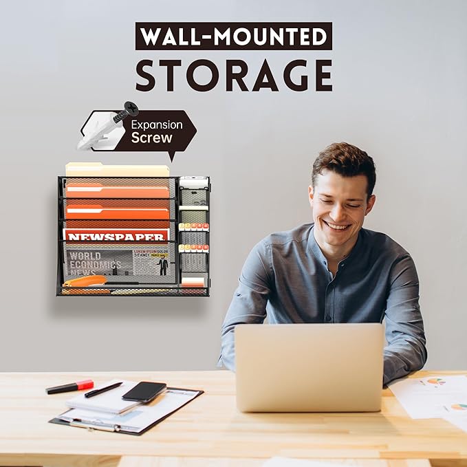 SUPEASY Wall File Organizer, 5-Tier office wall organizer with 4 Pen Holders, Wall Organizer for Office with R-shaped Bottom Tray, Metal Desk Organizer for Office, School, Home, Black